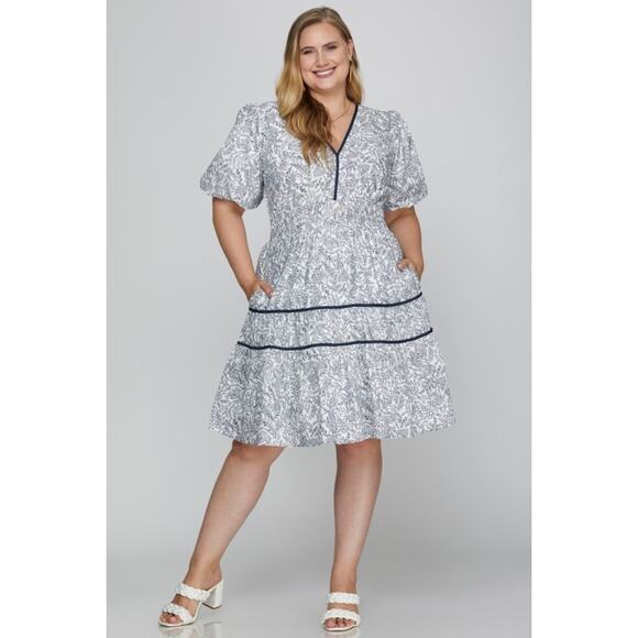 She + Sky Blue Floral Leaf V-Neck Puff Sleeve Tiered Mini Dress NEW Plus
